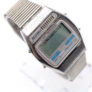Vintage Nelsonic Digital Chronograph Watch Mens Silver Tone Stainless Steel